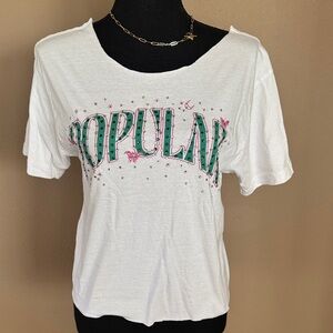 Wicked “Popular” White Cropped Tee with Green and Pink Graphic and Rhinestones